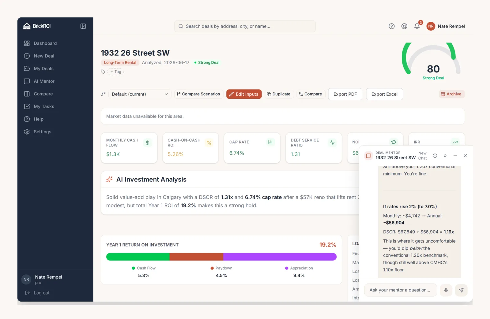 The BrickROI app analysing 624 22 Ave NW: a Strong Deal scored 80, with monthly cash flow, cash flow per door, cap rate, DSCR and the AI Deal Mentor panel open