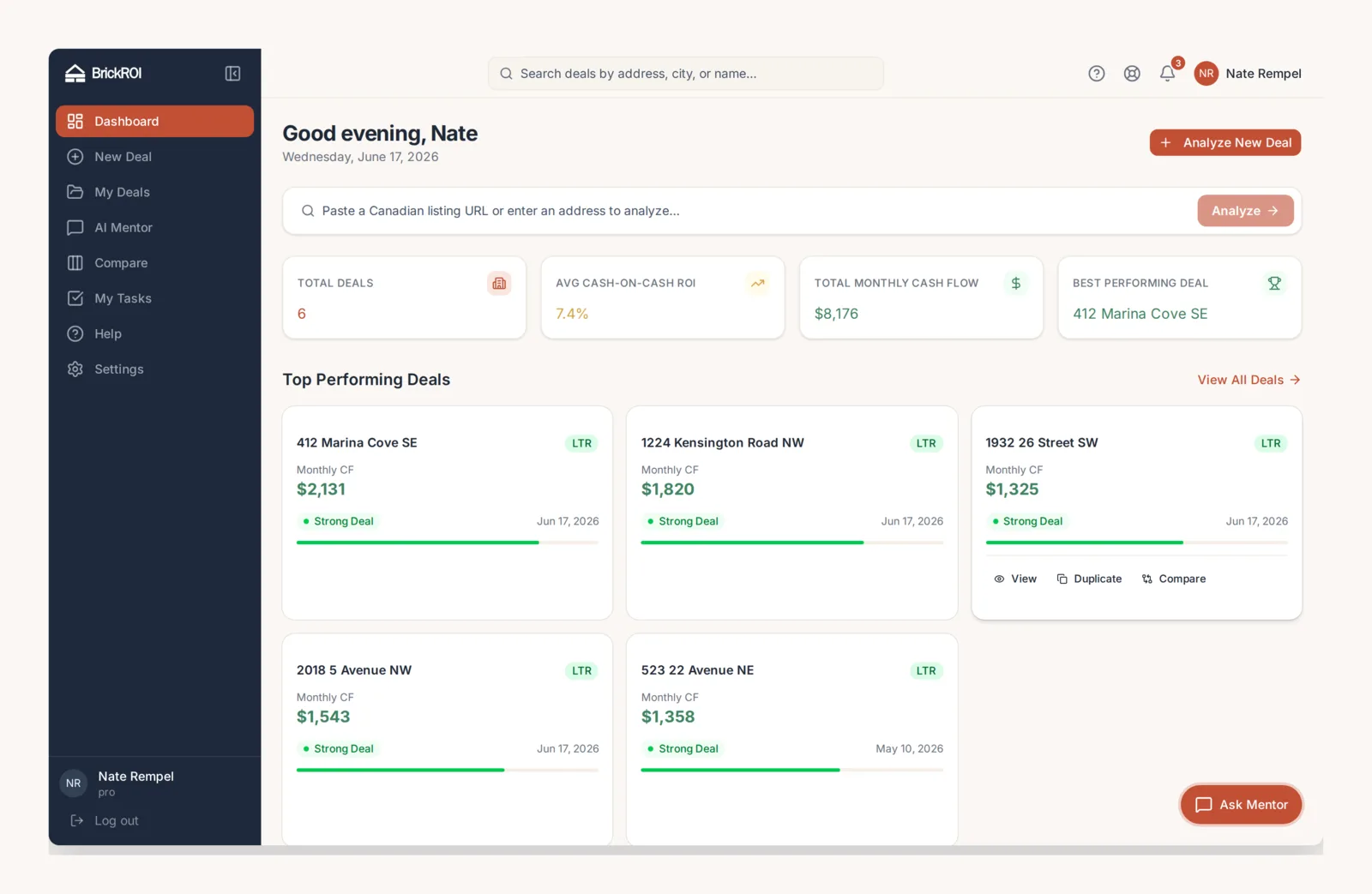 BrickROI dashboard overview: every analysed deal scored and sorted
