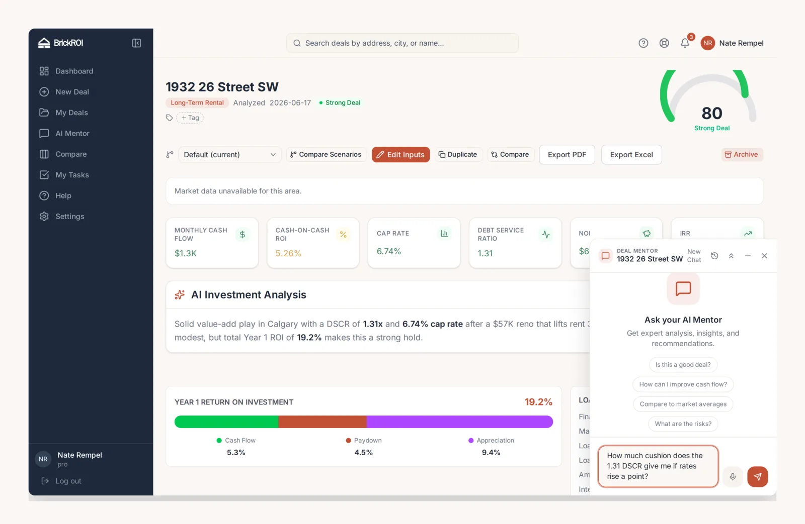 BrickROI new-deal screen with a property listing pasted in