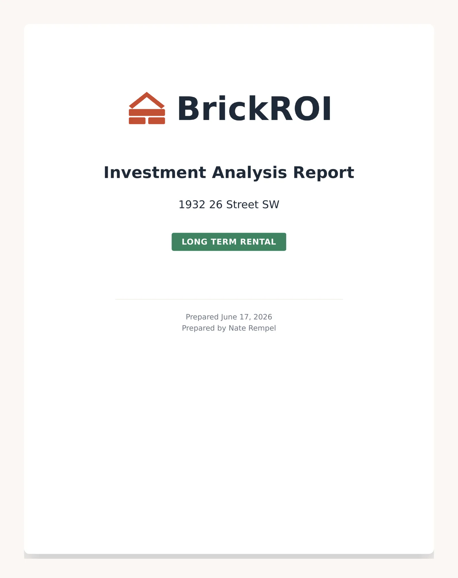 BrickROI lender-ready PDF report cover